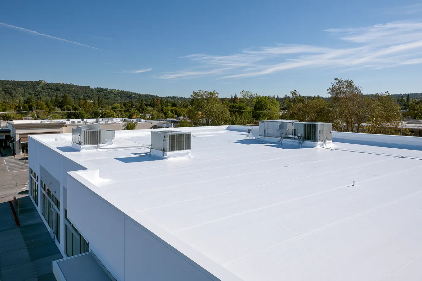 Air handling units on a commercial flat roof covered in single-ply membrane